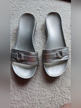 Women's Metallic Silver Slide Sandals